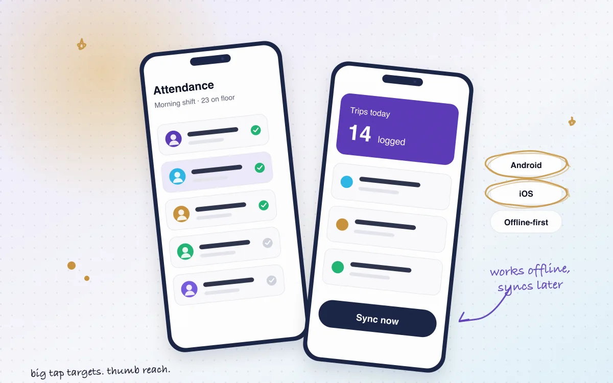 Android and iOS apps for attendance and trip logging, with offline-first sync
