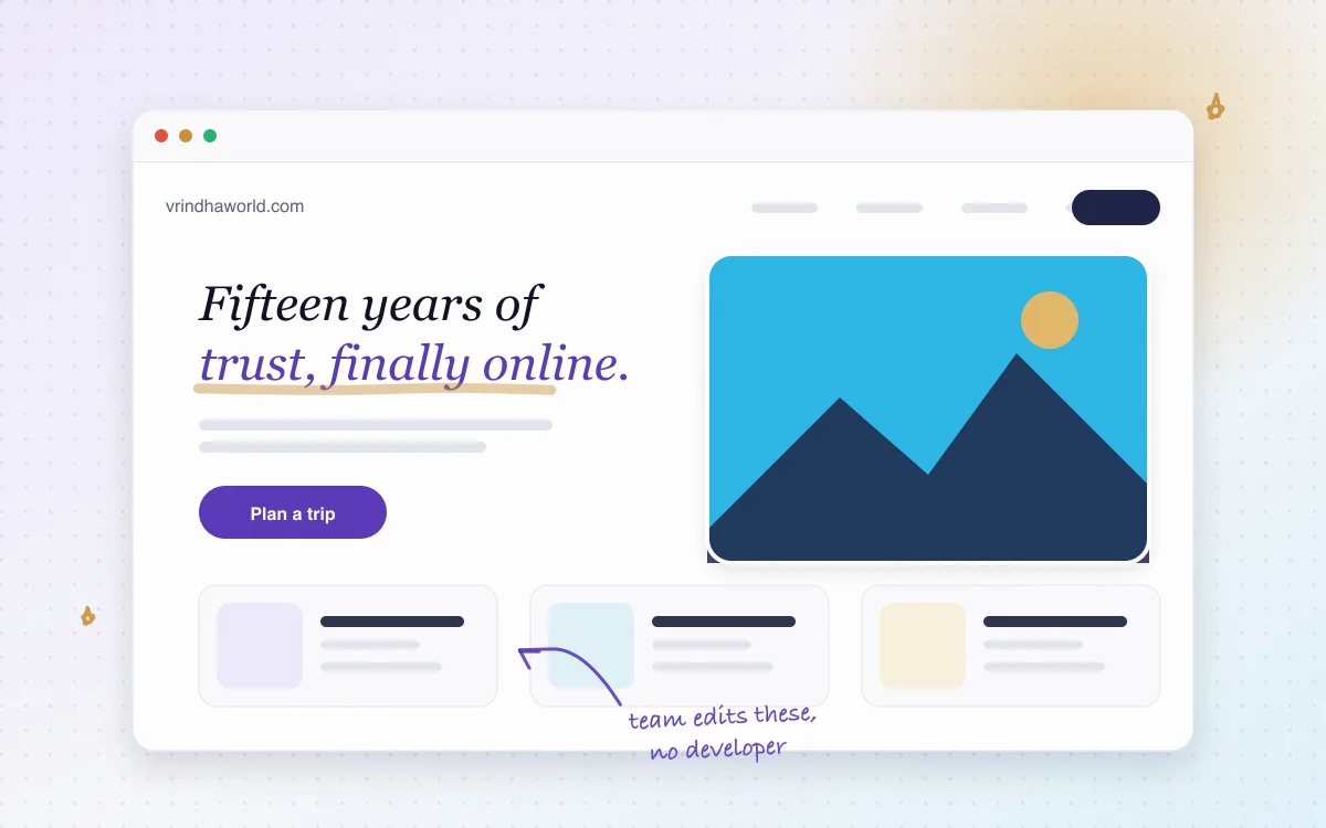 Editorial travel website with a serif headline, hero image and destination cards