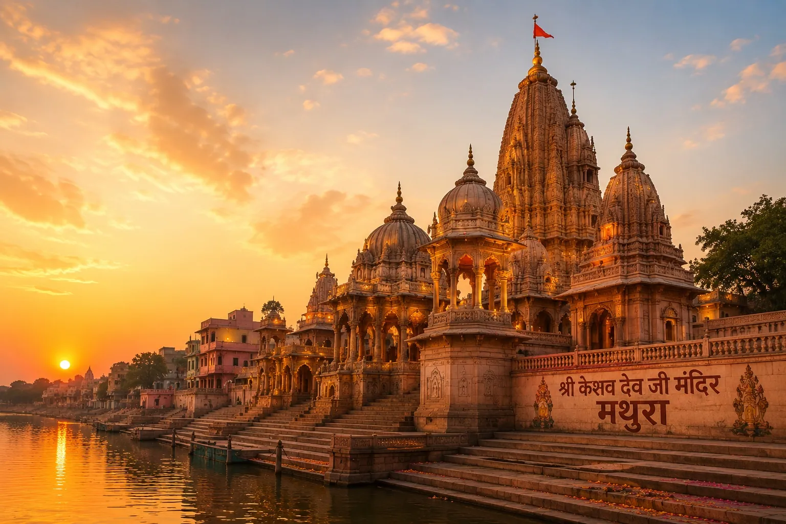 The temples and ghats of Mathura, Uttar Pradesh at golden hour