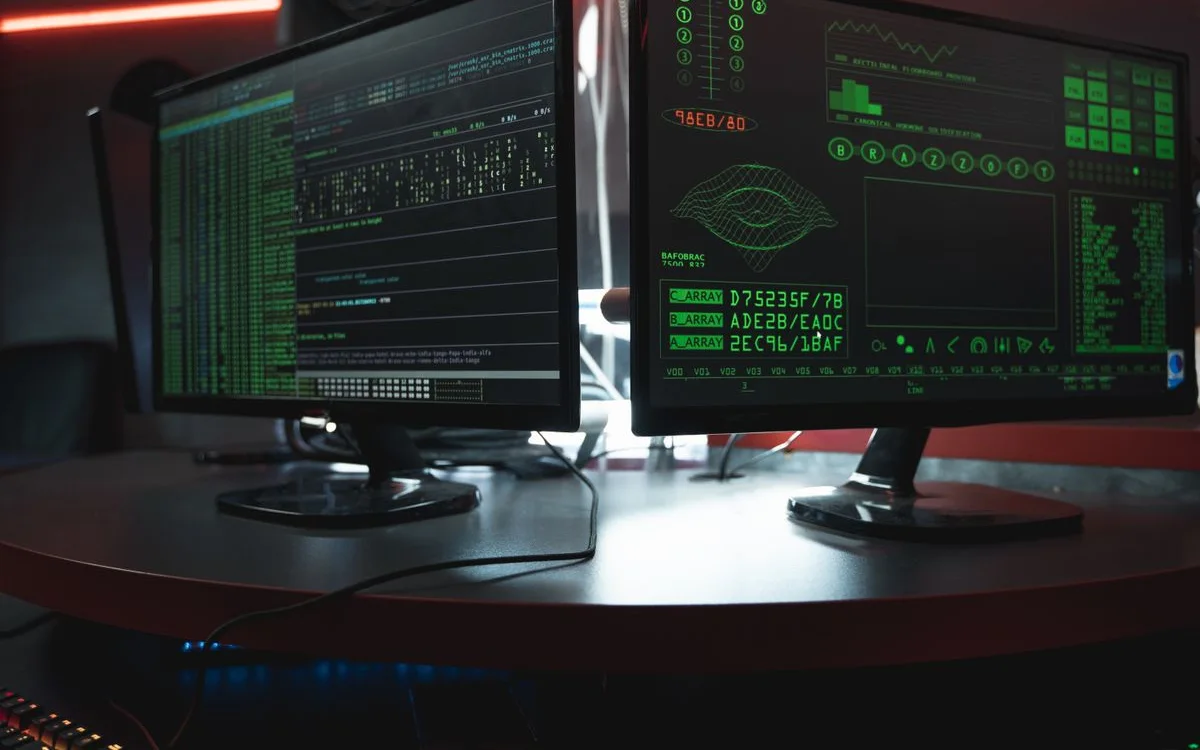 Two monitors showing security tooling in a dark room